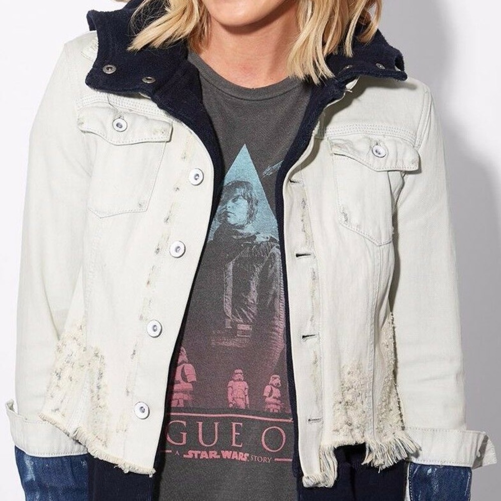 Free People Distressed Denim Sweatshirt Jacket Hood
